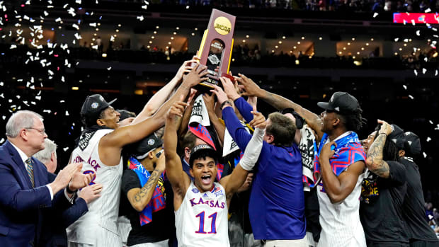 Apr 4, 2022; New Orleans, LA, USA; The Kansas Jayhawks celebrates after beating the North Carolina Tar Heels during the 2022 NCAA men's basketball tournament Final Four championship game at Caesars Superdome. Mandatory Credit: Robert Deutsch-USA TODAY Sports